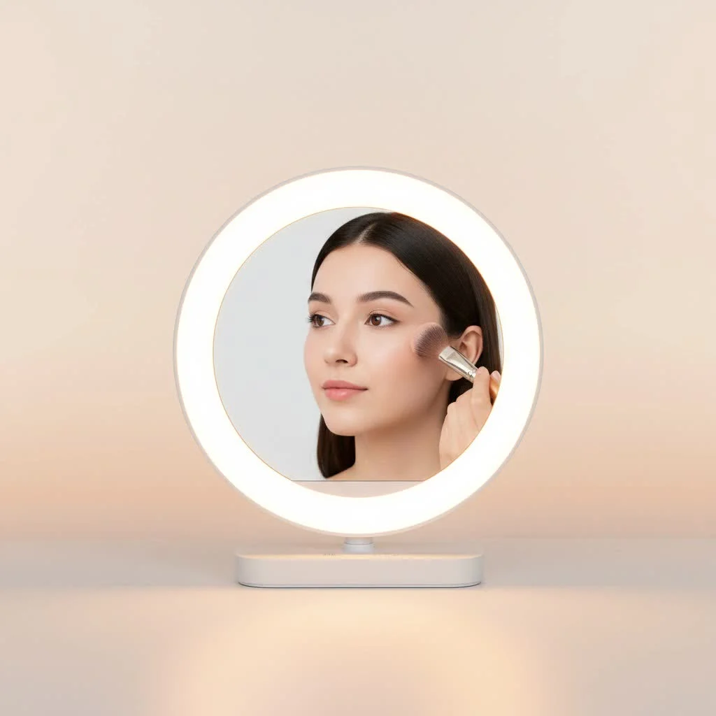 Person recording video with a ring light