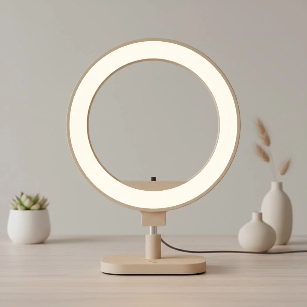 Person holding a phone with a selfie light ring attached, taking a bright photo
