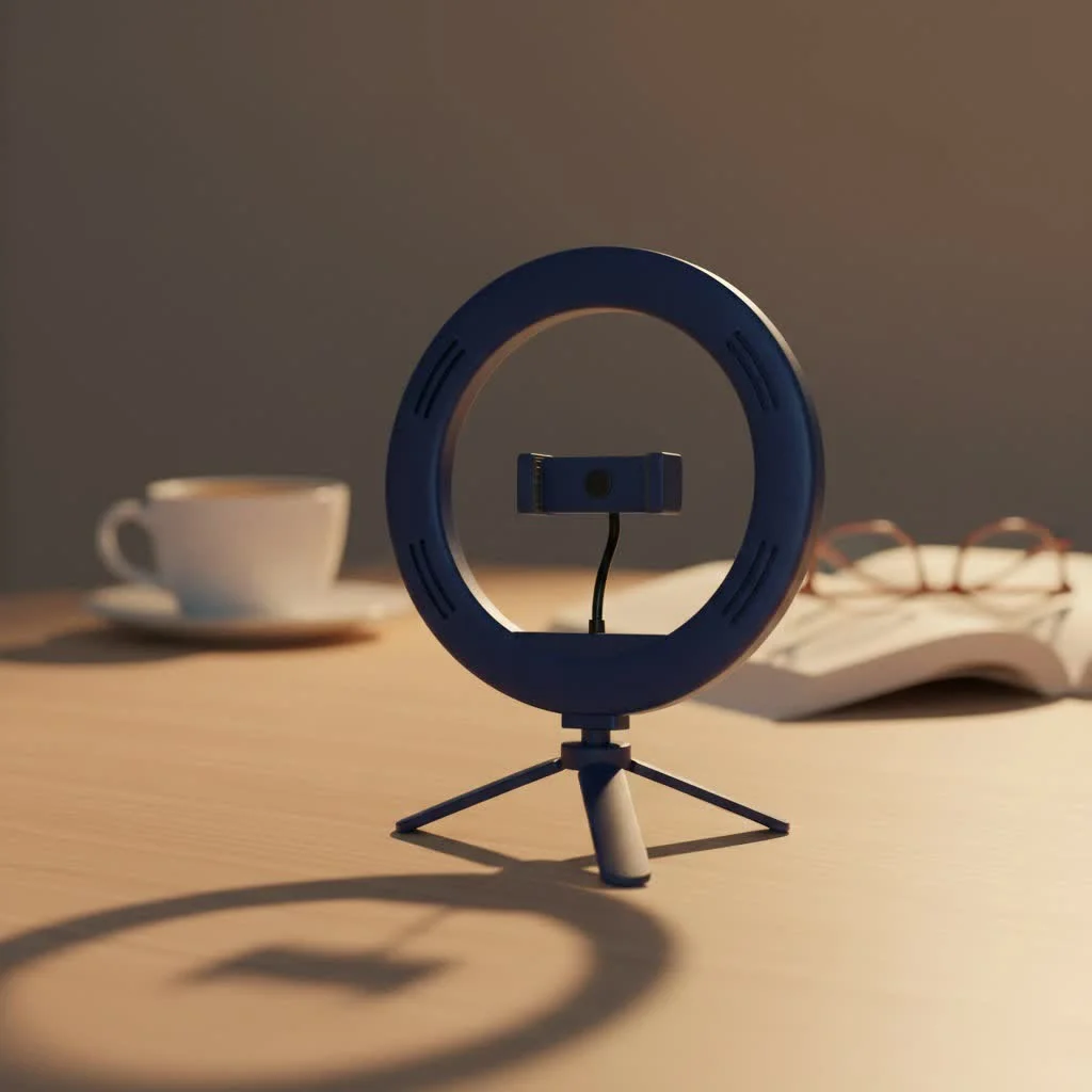 Woman using a desk ring light for video conferencing
