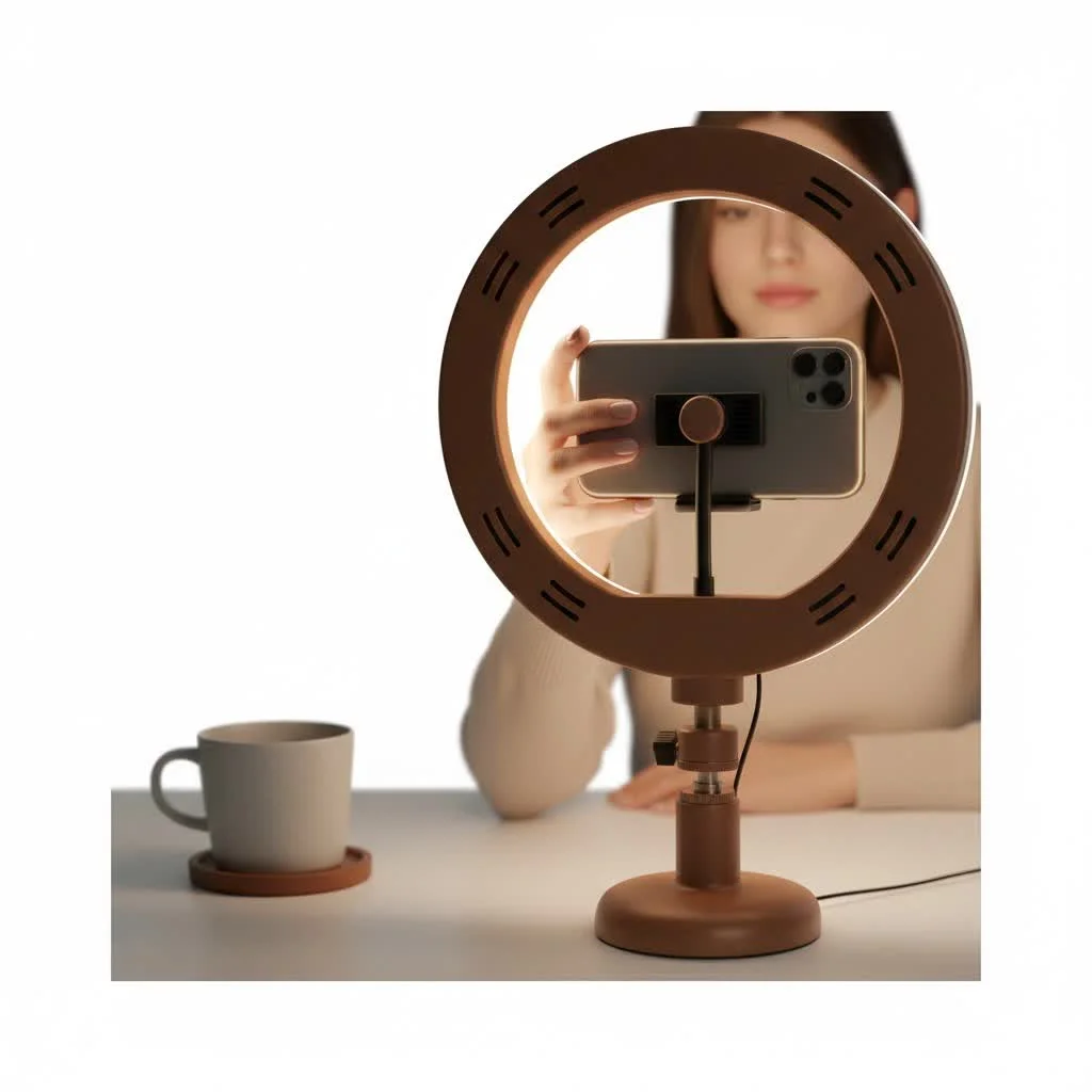 Ring light with phone stand illuminating a person's face