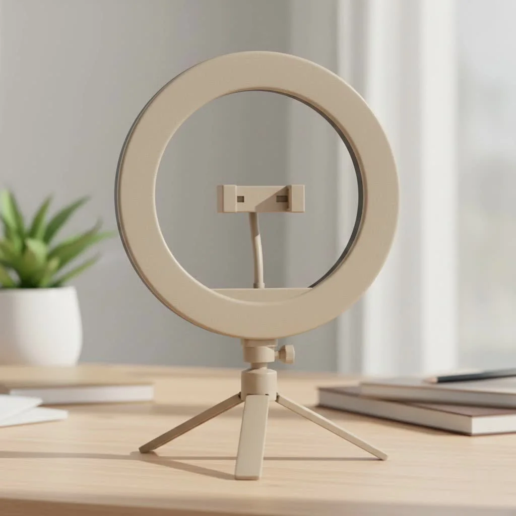 Phone ring light stand illuminating a content creator