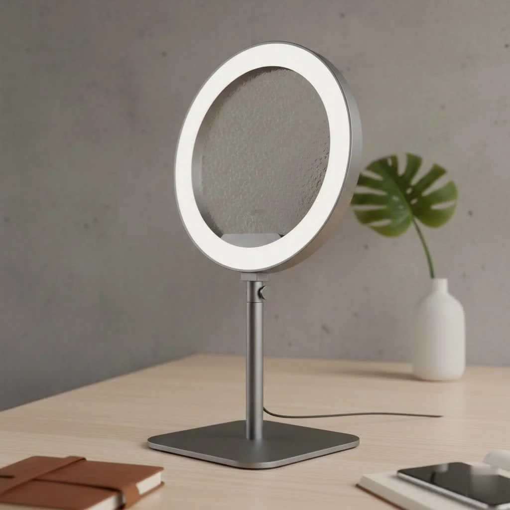 Person using a laptop with a ring light attached for video calls