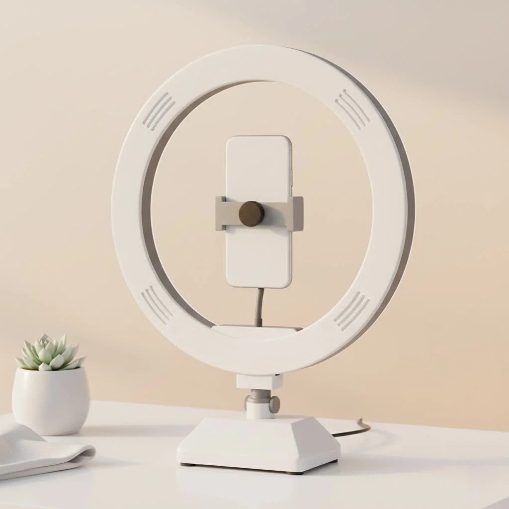 Modern ring light fixture illuminating a contemporary living room