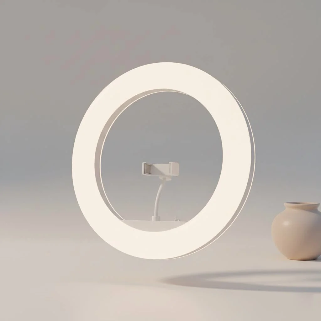 Large ring light illuminating a content creator's setup