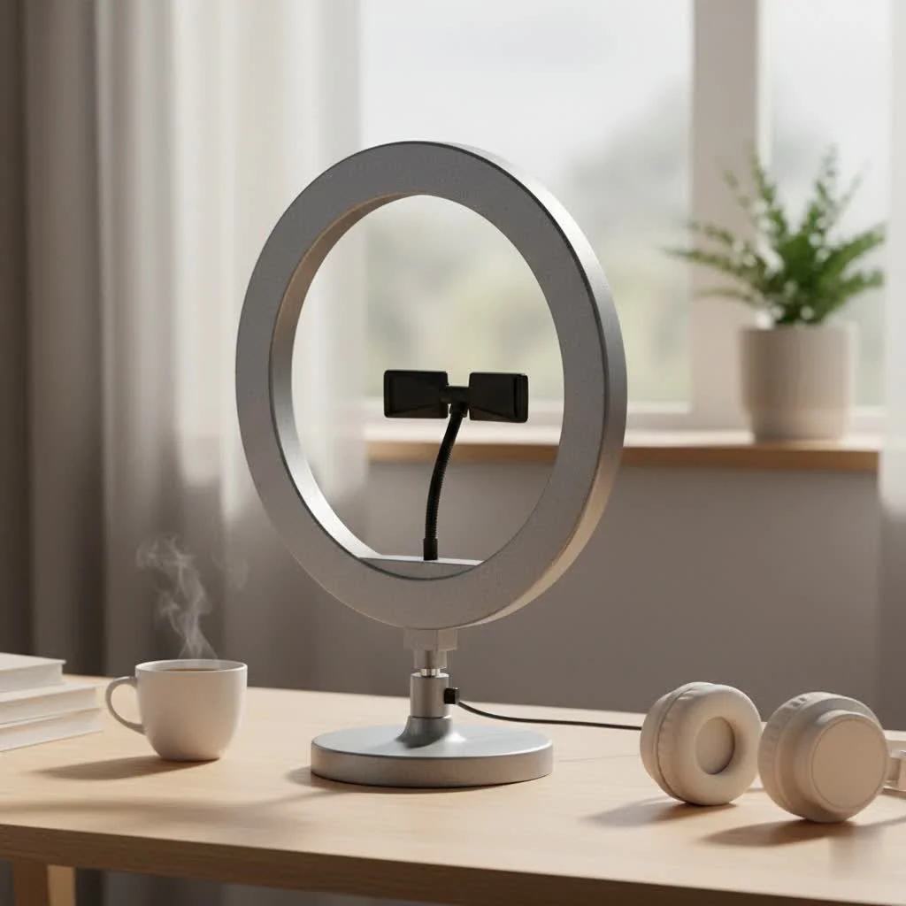Barber using a ring light to cut a client's hair