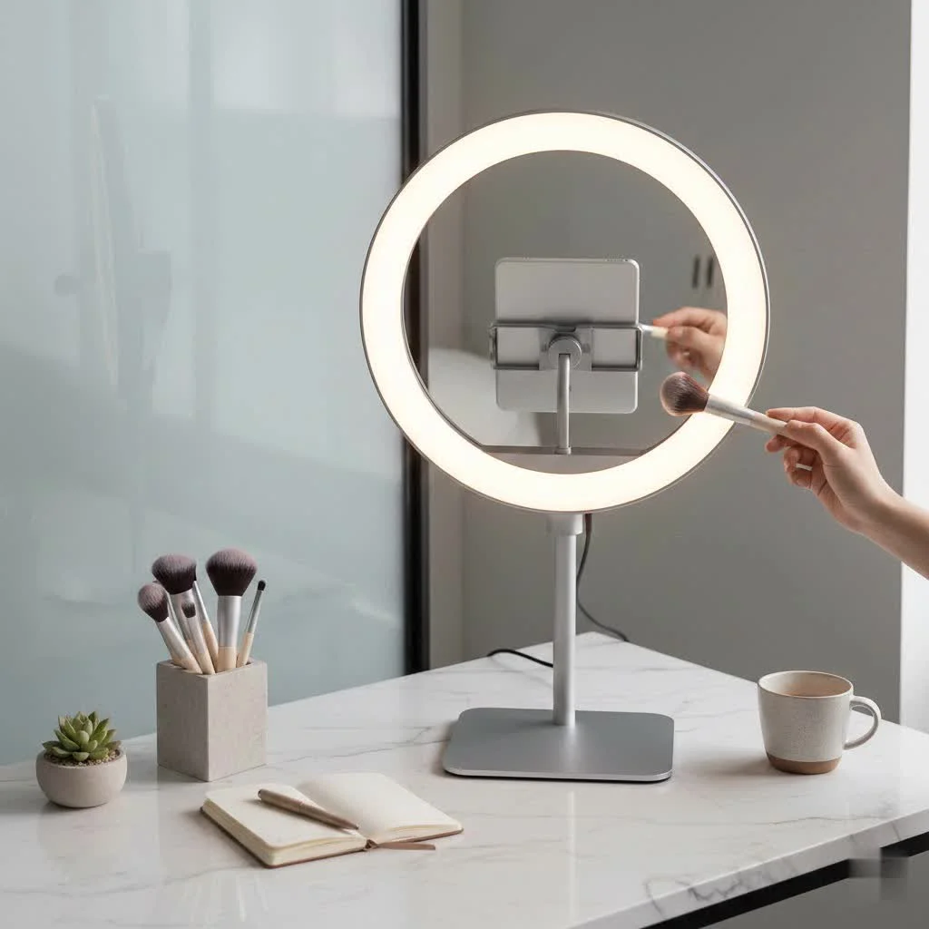 Ring light with a white fabric diffuser attached