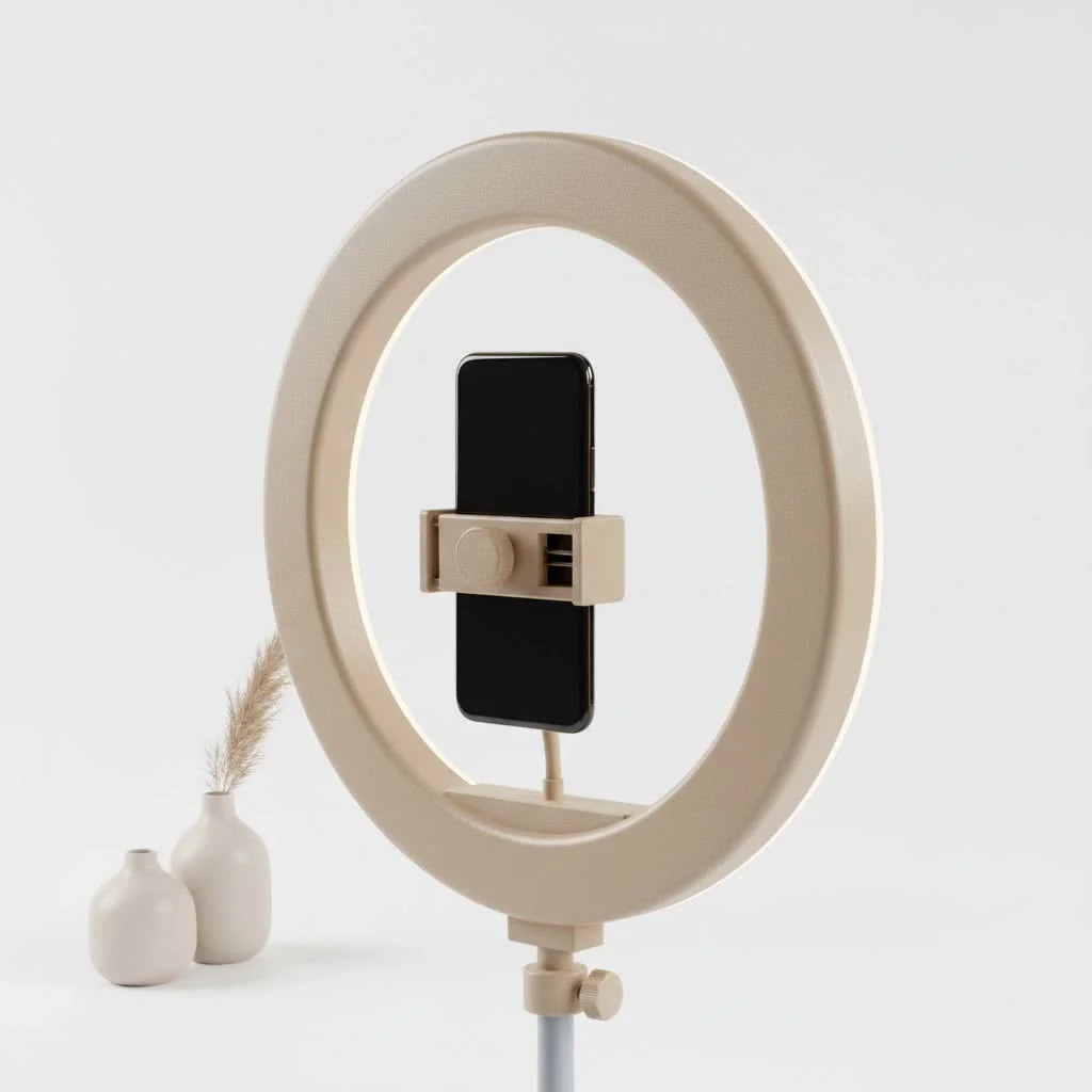 Bower ring light illuminating a person's face for content creation
