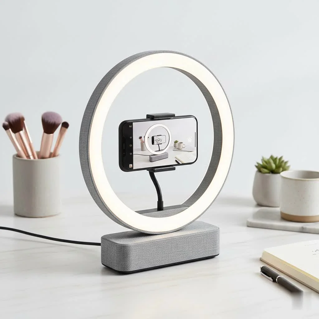 Ring light wall setup with a large ring light mounted on a white wall