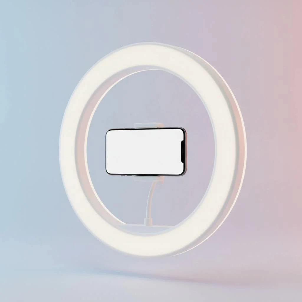 Person using an LED ring light for video recording