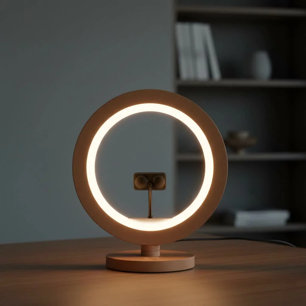 LED ring light with stand illuminating a person's face