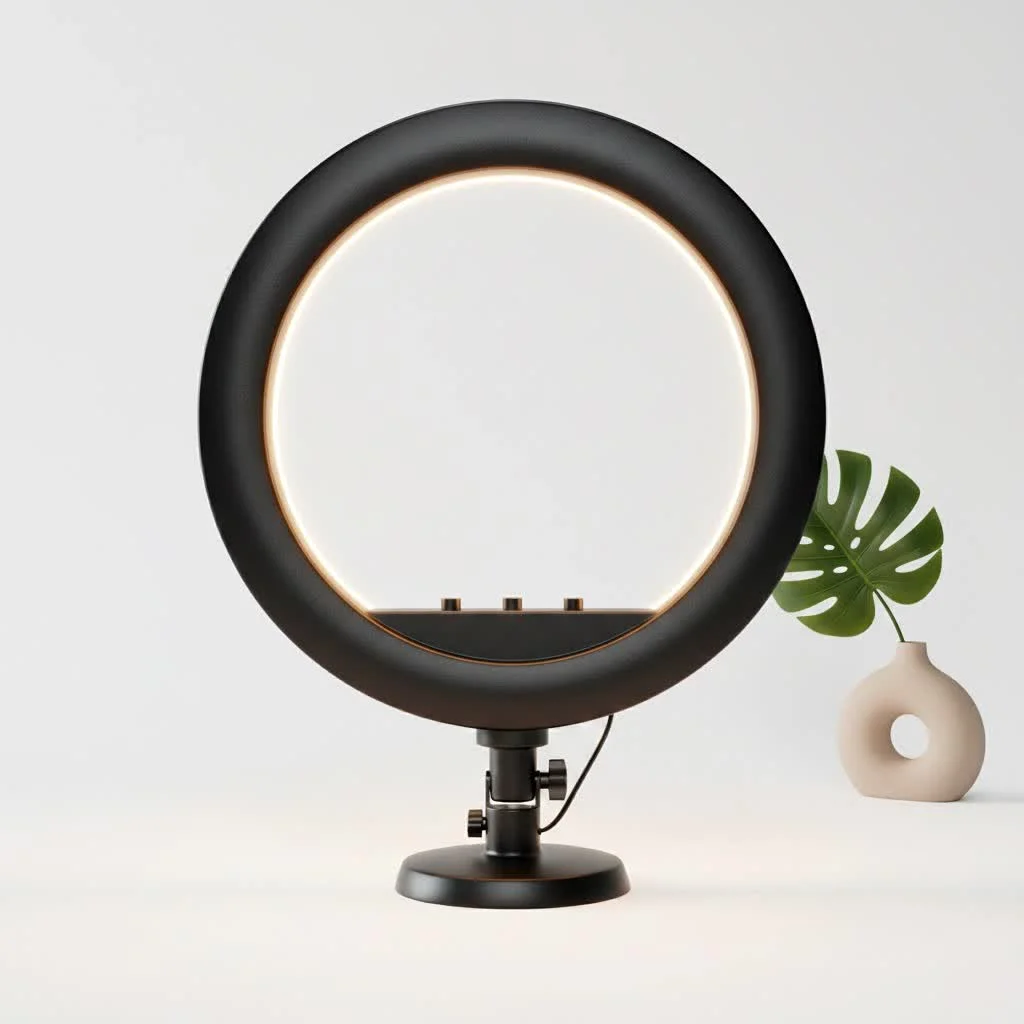Portable ring light illuminating a person's face for content creation