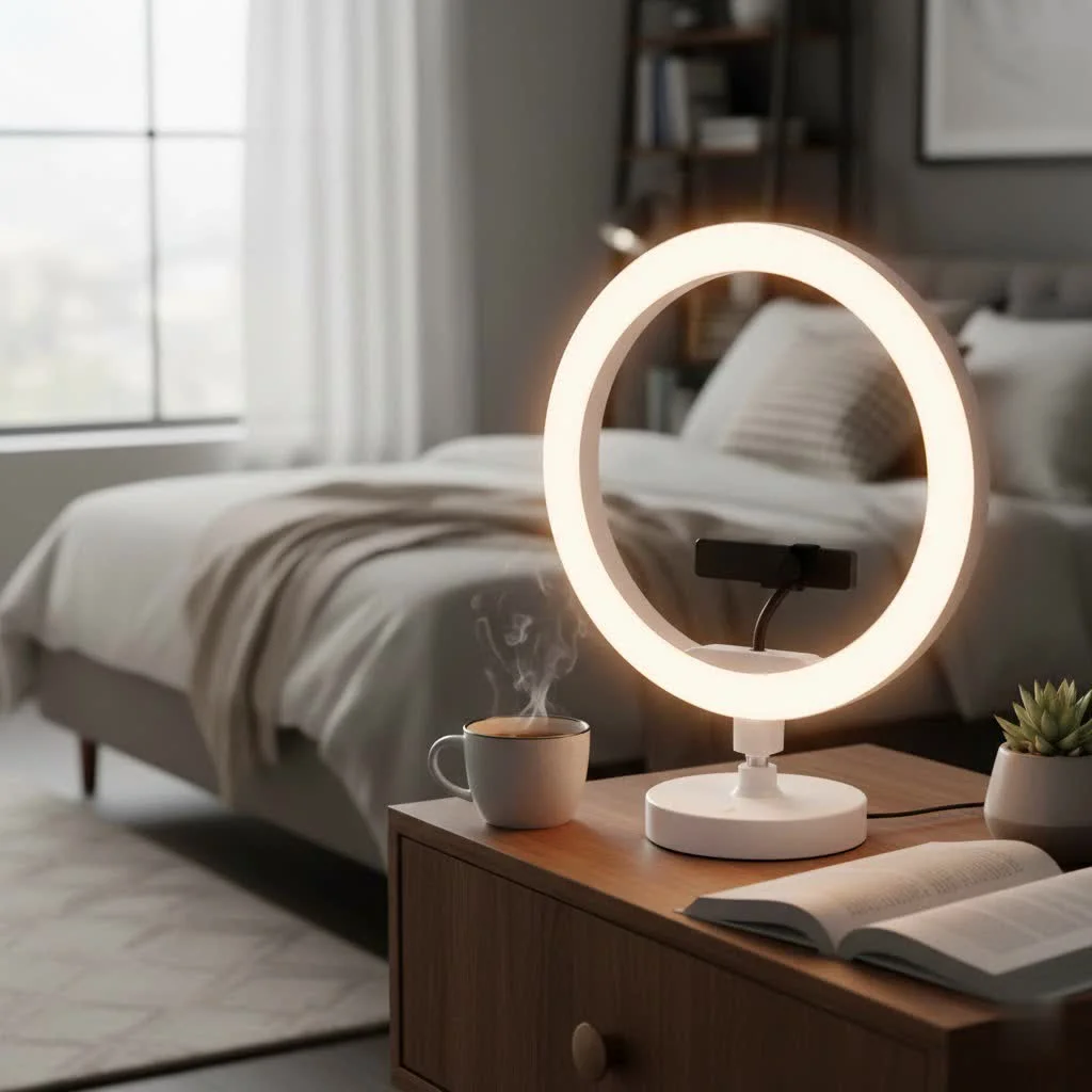 Desktop ring light illuminating a person during a video call