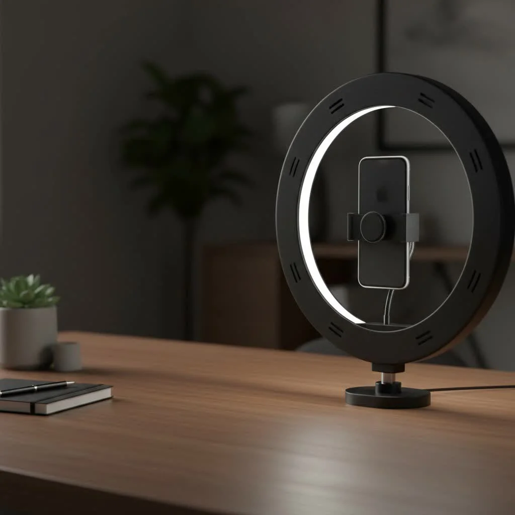Small ring light illuminating a person's face for a video call