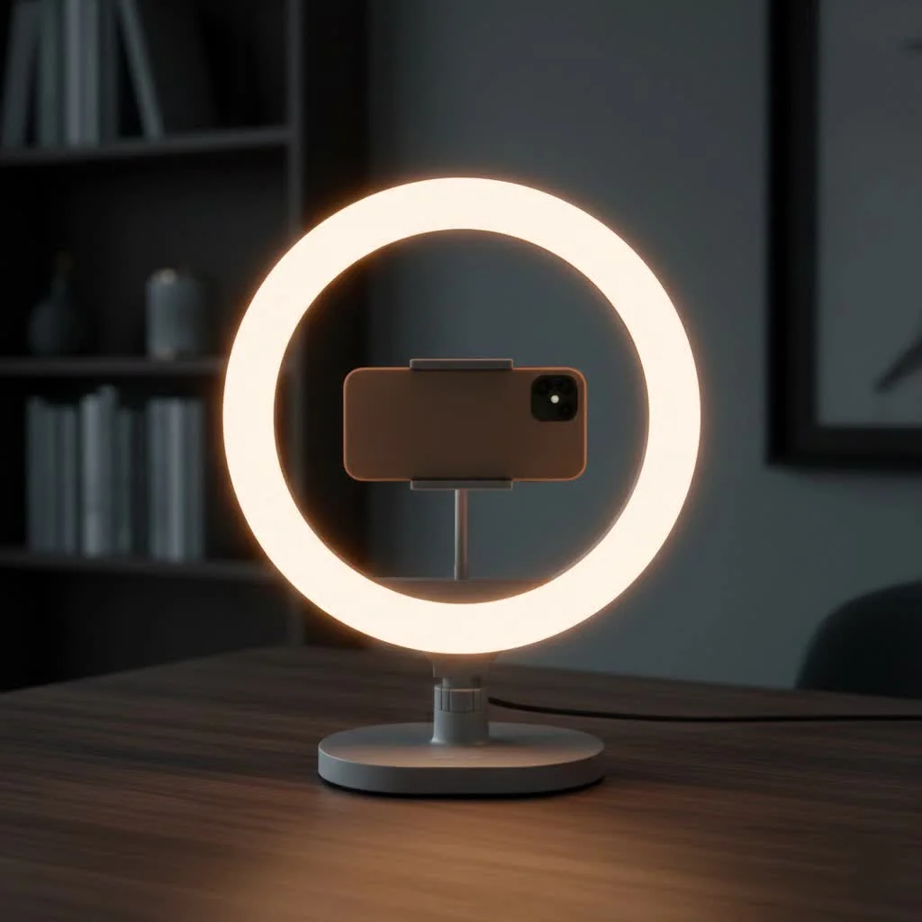 A content creator using a ring light for video recording