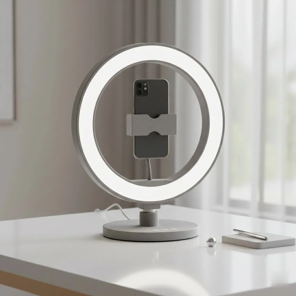 Ring light on a sturdy tripod stand in a studio setting